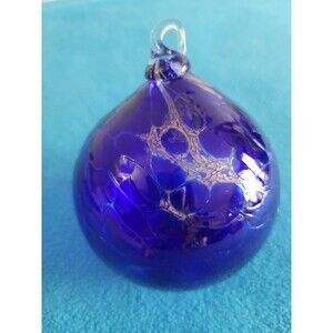 Crackle Cobalt Blue Blown Art Glass Ball Ornament W Clear Top 4” Gold accents